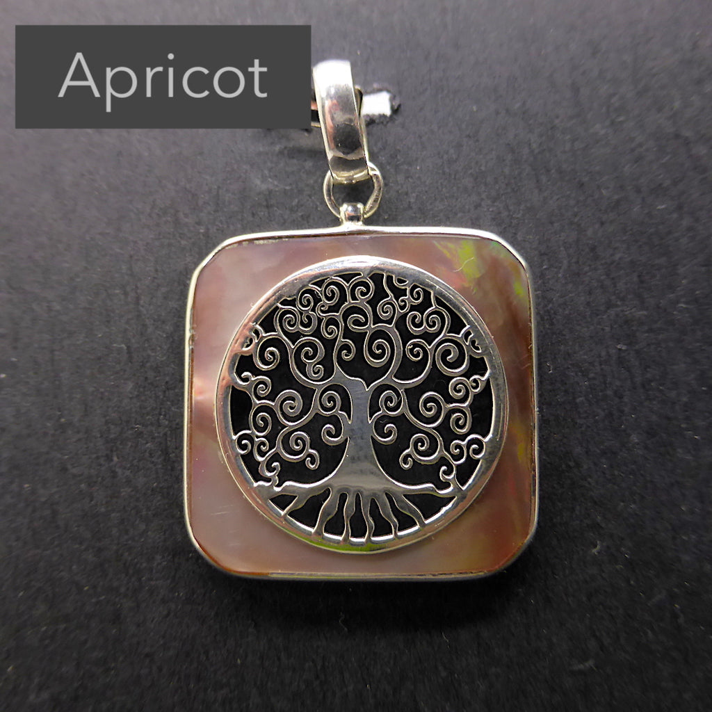 Tree Pendant Italian Design with Spiral Branches and visible roots | Set in a square Mother of Pearl Border | 925 Sterling Silver | Growth Abundance Creativity Grounding | Crystal Heart Melbourne Australia Unique Stones & Silver since 1986