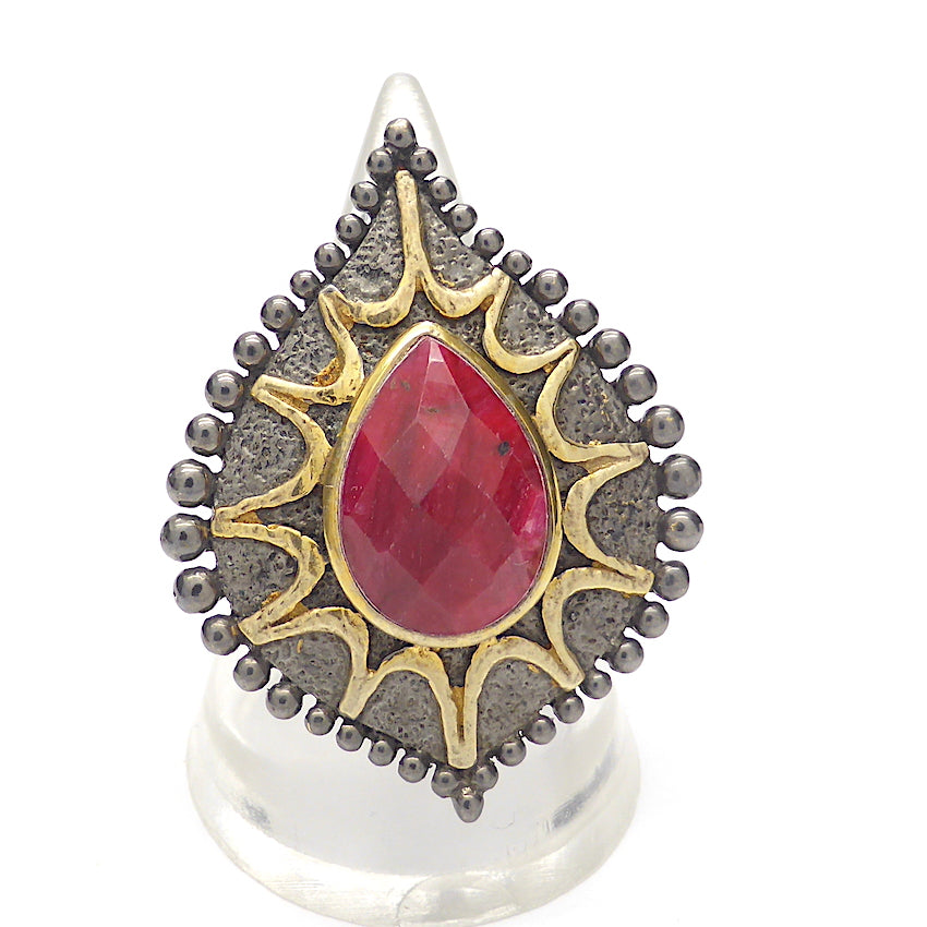 Ruby Matrix Ring | Faceted Teardrop |  925 Oxidised Sterling Silver & Rich Gold Plate | The leaf shaped face has a hammered finish | Ruby and 12 pointed Sunburst pattern a plated in Gold | Unique Antique Opulent | Crystal Heart Melbourne Australia since 1986