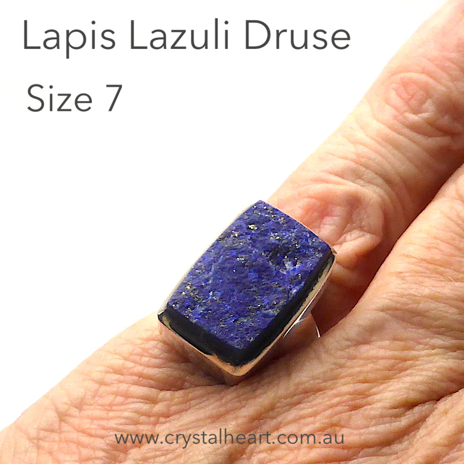 Lapis Lazuli Raw Drusy Ring | Oblong Stone | 925 Sterling Silver | US Size 7 | AUS Size N 1/2 | Natural stone deep blue spangled with Gold Pyrites | Classic setting, wide band | Sagittarius Libra Taurus Capricorn | Meditation | Mindfulness | Inner Truth | Genuine Gems from Crystal Heart Melbourne Australia since 1986