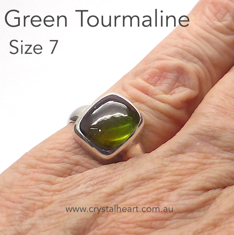 Green Tourmaline Ring | Oblong Cabochon | 925 Sterling Silver  | US Size 7 | AUS Size N1/2 | Energise unblock the Heart | Leo Scorpio Sagittarius Star stone | Genuine Gems from Crystal Heart Australia since 1986