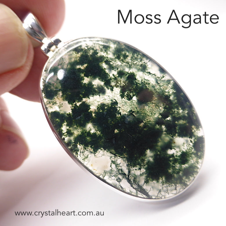 Moss Agate l Pendant | 925 Sterling Silver | Quality Setting | Verdant organic looking inclusions of vivid green Chlorite in Clear Quartz | Balance the Branches in your Path | Clear Lungs | Strengthen Nervous system | Genuine gems from Crystal Heart Melbourne Australia since 1986