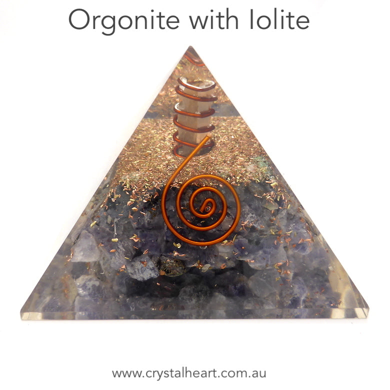 Orgonite Pyramid with genuine Iolite Chips | Clear Crystal Point conduit in Copper Spiral | Accumulate Orgone Energy | Iolite is also known as Water Sapphire | Visualisation, Spiritual Direction also very grounded.| Crystal Heart Melbourne Australia since 1986