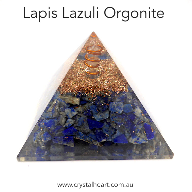 Orgonite Pyramid with genuine Lapis Lazuli | Clear Crystal Point conduit in Copper Spiral | Accumulate Orgone Energy | Meditation | Silent Mind | Inner Truth | Crystal Heart Melbourne Australia since 1986