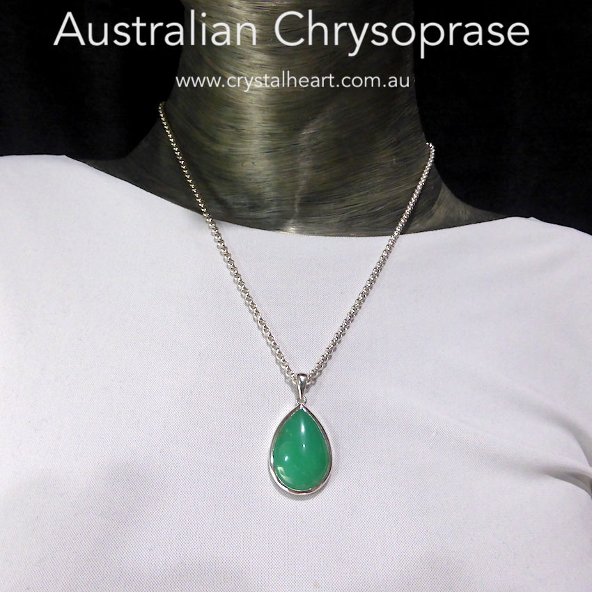 Chrysoprase Pendant | Teardrop Cabochon | 925 Sterling Silver | Perfect Apple Green Good Translucency | | AKA Australian Jade | Empowering healer | Genuine Gemstones from Crystal Heart Melbourne Australia since 1986