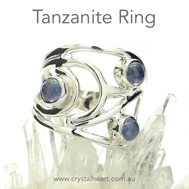 Designer Ring | 3 round 5mm Cabochons of Tanzanite set in 925 Silver Swirls | US ring Size 8, 9, 10 | Also available in Tourmalines, Mixed Stones, Ethiopian Opal and Rainbow Moonstone | Genuine Gems from Crystal Heart Melbourne since 1986