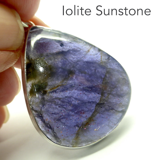 Iolite (Water Sapphire) with sparkling small gold inclusions of Hematite | rare |  Teardrop cabochon Pendant | 925 Sterling Silver | Open Back | Positive Optimism and guidance on your path | Genuine Gems from Crystal Heart Melbourne Australia since 1986