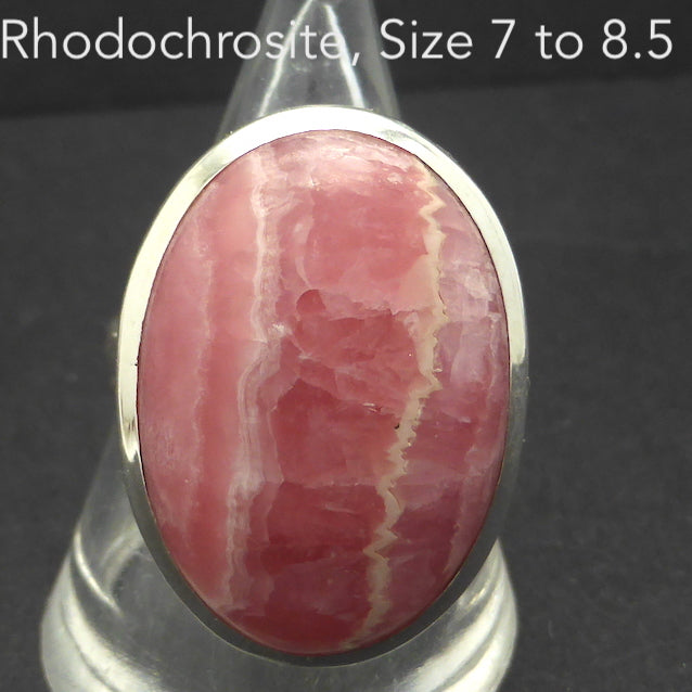 Rhodochrosite Ring | Deep Colour & Translucence | Oval Cab | Besel Set with open back | Comfy split band | 925 Sterling Silver | US size adjustable 7 to 8.5 | Passionate Heart | Loving Dream realisation | Genuine Gems from Crystal Heart Australia since 1986