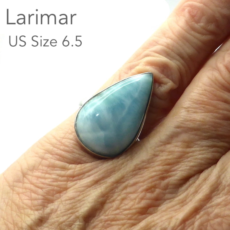 Larimar Ring | Teardrop Cabochon | 925 Sterling Silver | Simple Bezel Setting with Open Back  | US Size 6 .5 | AUS Size M1/2 | Dominican Republic Caribbean | Leo Stone | Pectolite Variety | Oceanic Sky blue | Genuine Gems from Crystal Heart Melbourne Australia since 1986