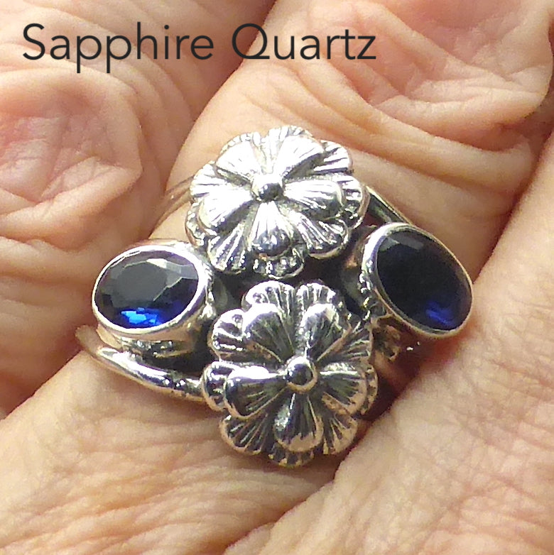 Sapphire Quartz Ring | 2 Oval Faceted Stones with larger Silver Flowers | Also look like gem kyanite | 925 Sterling silver | bezel set | Triple Band  | US size 7 | 8 |  | Genuine Gems from Crystal Heart Melbourne Australia since 1986