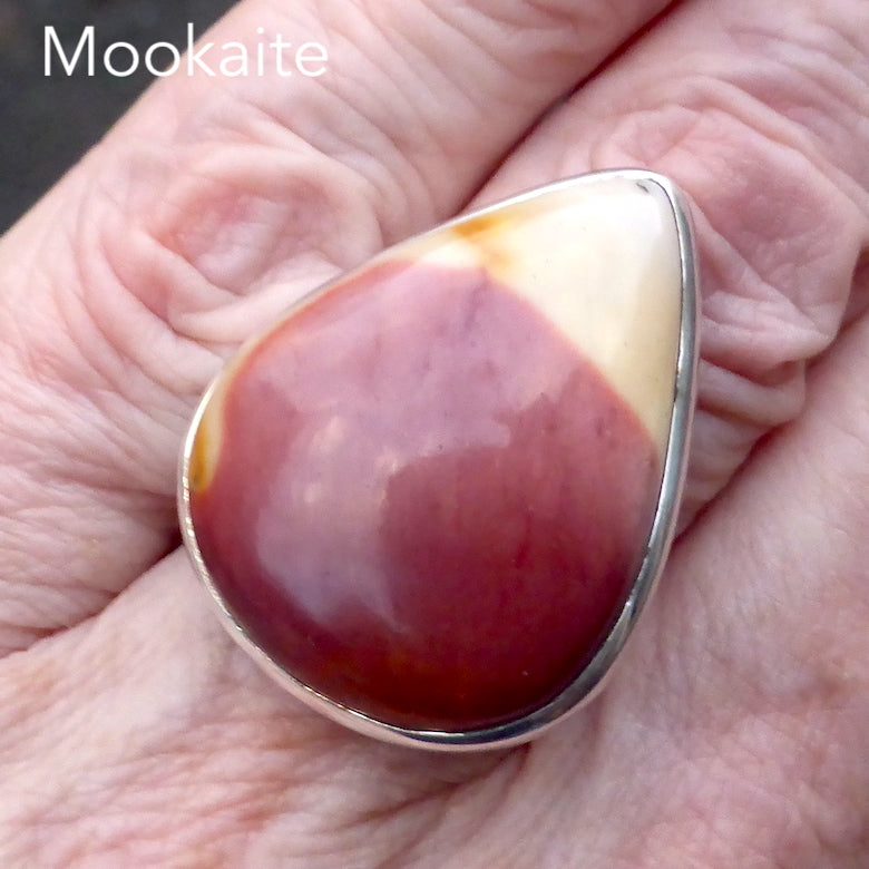 Australian Mookaite Ring  | 925 Sterling Silver | Teardrop  Cabochon | Rich Ochre and Wine or Maroon | Quality Bezel Setting | Adjustable Ring Size, US 6 to 9 | Dreamtime | Ancestral Spirits | Genuine Gems from Crystal Heart Melbourne Australia since 1986