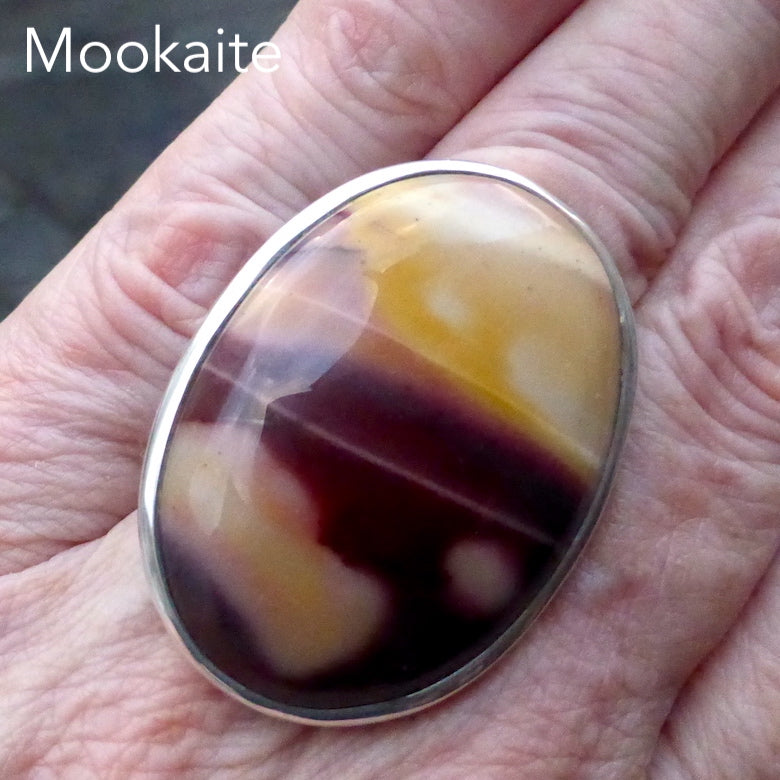 Australian Mookaite Ring  | 925 Sterling Silver | Oval Cabochon | Rich Ochre and Wine or Maroon | Quality Bezel Setting | US Ring Size 7.75 | AUS Size P | Dreamtime | Ancestral Spirits | Genuine Gems from Crystal Heart Melbourne Australia since 1986