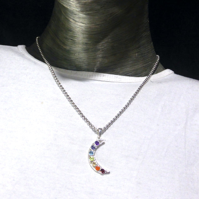 Pendant with Chakra Gemstones Stones | 925 Sterling Silver | Set in Cresecent Moon | Garnet, Carnelian, Citrine, Peridot, Water Sapphire, Amethyst and Rainbow Moonstone | Genuine Gems from Crystal Heart Melbourne Australia since 1986