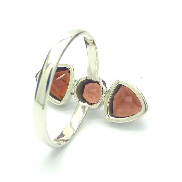 Silver Ring with Three Faceted Garnets | 925 Sterling silver | Bezel Set with open backs | US size 8.5 | AUS Size Q1/2 |  Energising warm and centering | Genuine Gems from Crystal Heart Melbourne Australia since 1986