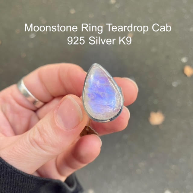 Ring Rainbow Moonstone | Teardrop Cabochon | 925 Silver | Curved besel | Hammered Shank | US Size 8  | Cancer Libra Scorpio | Crystal Heart Melbourne Australia 1986