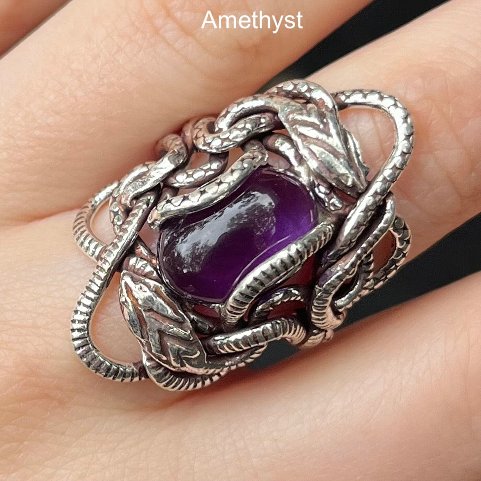 Amethyst Ring with Twined Snakes 925 Sterling Silver – Crystal Heart